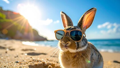 “Cool rabbit wearing sunglasses on a sunny beach with bright blue skies and warm golden sand.”