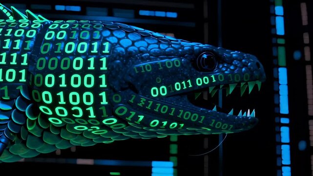 Seamless loop of digital snake covered in binary code, moving through blue and green technological environment. Scales transform between digital and organic texture.