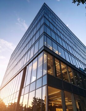 Modern building reflecting light at dusk. Abstract Futuristic Business Background