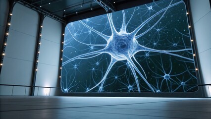 A futuristic room showcases a large, illuminated screen displaying a detailed blue neuron, emphasizing the beauty of neural networks.