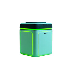 Sleek futuristic cube device with vibrant neon green glowing accents, perfect for modern technology and innovation concepts.