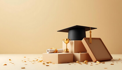 Graduation celebration scene with mortarboard, diploma, and trophy for academic achievement design.