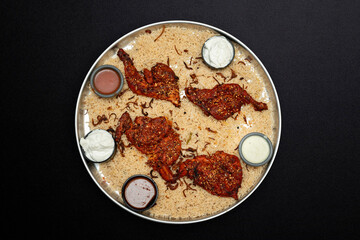 Arabian chicken Manthi or mandi cooked meat, Basmati rice with Masala, spice. Kuzhimanthi or hot and spicy Manthi in South India