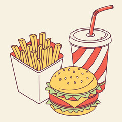 Vector art of burger, fries and soda illustration set