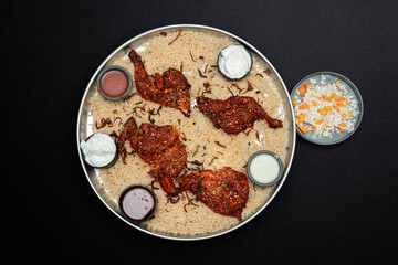 Arabian chicken Manthi or mandi cooked meat, Basmati rice with Masala, spice. Kuzhimanthi or hot and spicy Manthi on black background in South India. Top view of Indian non veg food