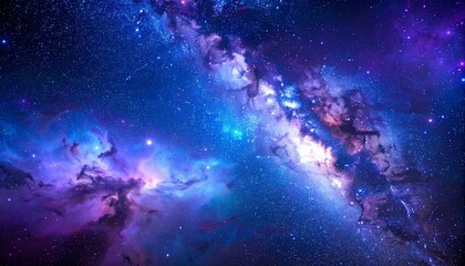 Vibrant cosmic nebula with glowing blue and purple clouds, stars, and radiant interstellar light.