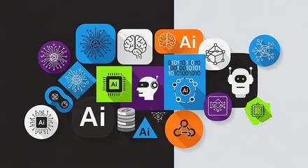 Artificial Intelligence and Machine Learning Icons on a Split Background.