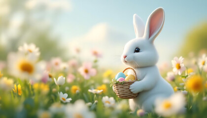 Cute easter bunny holding basket in spring flower meadow.