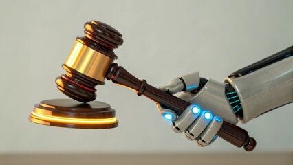 A futuristic robot hand holds a gavel, symbolizing the intersection of technology and law.