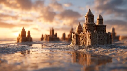 Sandcastle city slowly eroding under an incoming tide at sunset