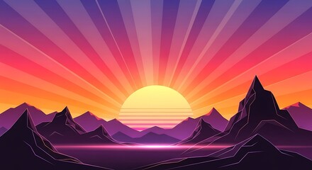 Vibrant Sunset Over Mountain Range with Radiant Sunburst.
