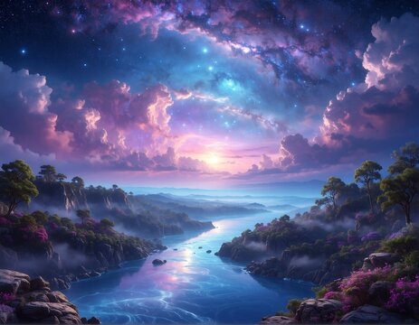 Scenic fantasy landscape of a river flowing towards starry sky at sunset