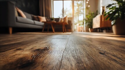 Fototapeta premium Nice photo of close up of wooden floor in modern living room with sunlight shining in.