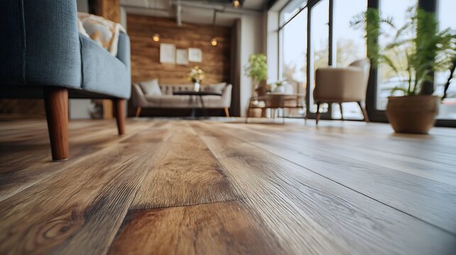 Nice photo of modern living room with wooden floor and stylish furniture in daylight.