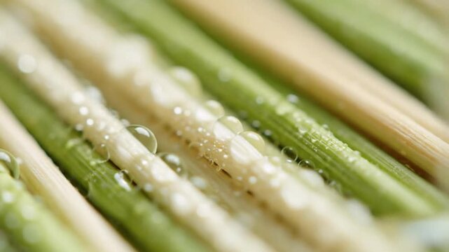 Closeup of dew drops on pale green and beige stalks
