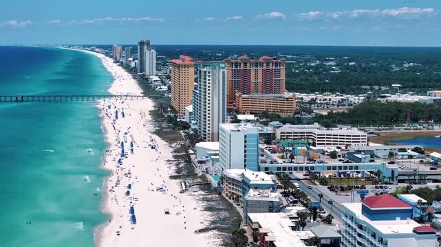 Aerial sea landscape of white sand beach on summer day in Panama City Beach Florida panhandle