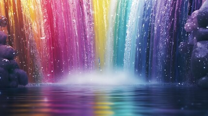 Magical rainbow waterfall cascading into reflective water