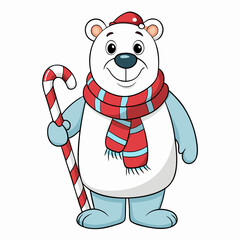 Cute cartoon polar bear wearing a santa hat and scarf holding a candy cane