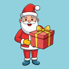 Cartoon santa claus holding a red gift box with a yellow bow