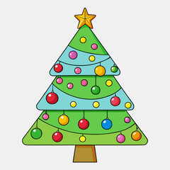 Cartoon christmas tree decorated with ornaments and star