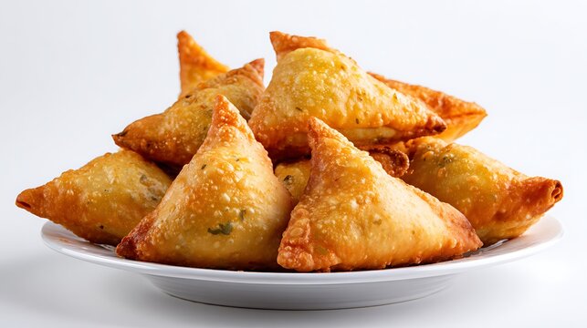 Nice photo of delicious samosas served on a white plate isolated on white background.