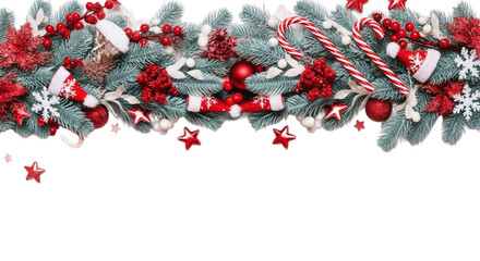 Festive decorative ornaments hanging on pine branches, isolated on transparent background