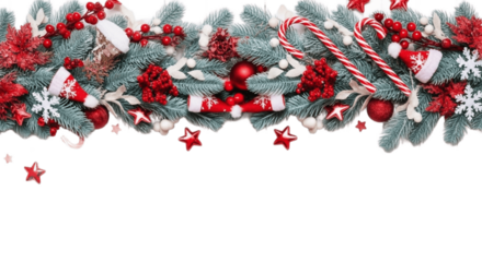 Festive decorative ornaments hanging on pine branches, isolated on transparent background
