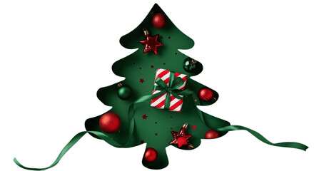 Decorative Green Christmas Tree with Ornaments on Transparent Background