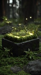Enchanting moss covered stone planter illuminated by soft ethereal fairy lights in a forest setting
