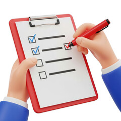 Illustration of hand filling out checklist on clipboard isolated on transparent background