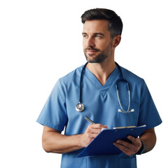 Illustration of male nurse writing on clipboard isolated on transparent background