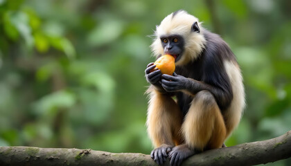 Obraz premium White headed capuchin monkey eating fruit on jungle branch with expressive focus.