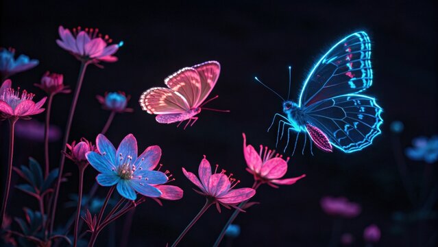 Glowing Neon Butterflies and Flowers Dark Background