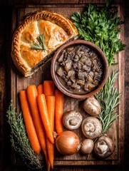 Fototapeta premium Rich meat pie accompanies vibrant carrots, mushrooms, and a warm bowl of savory stew on a rustic wooden board
