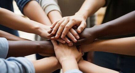 Diverse Group of People Stacking Hands Together in Unity and Teamwork.