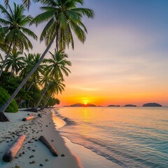 A serene tropical beach at sunset, showcasing swaying palm trees, a tranquil shoreline, and a vibrant colorful sky.