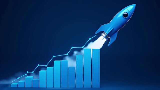 A blue rocket launches upward beside glowing stacked bars against a dark gradient sky. vibrant glow