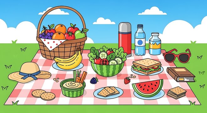 Summer Picnic Scene with Food and Drinks on a Blanket.