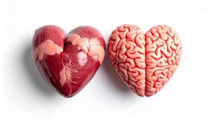 Two heart-shaped objects—one resembling an anatomical heart and the other shaped like a brain—displayed side by side on a clean white background, symbolizing emotion and logic.