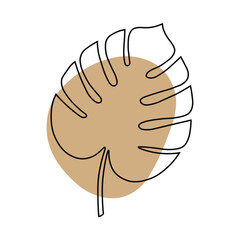 Vector art of minimalist single line drawing of a monstera leaf with an abstract beige shape