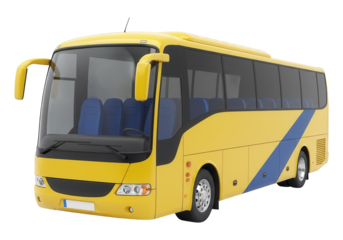 Yellow passenger bus with blue stripe isolated on black background.