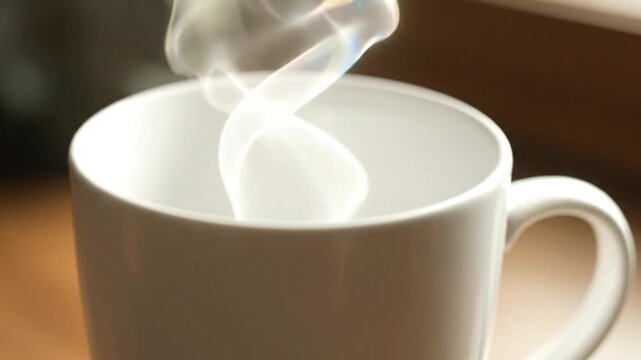 Steaming white mug close up of empty cup with rising vapor