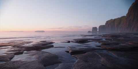 Obraz premium Cinematic hyper-realistic 4k coastline scene at dawn with gentle waves and rocky shore