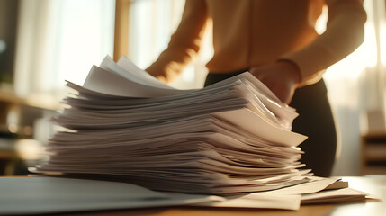A person sorts through a substantial pile of paper documents in a brightly lit room, perhaps in an office or home, highlighting the workload and administrative tasks involved.