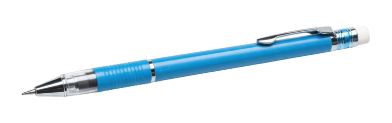 A blue mechanical pencil with a silver clip and eraser is displayed.