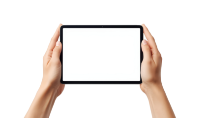 Hands delicately holding a tablet with a blank display against an isolated transparent space