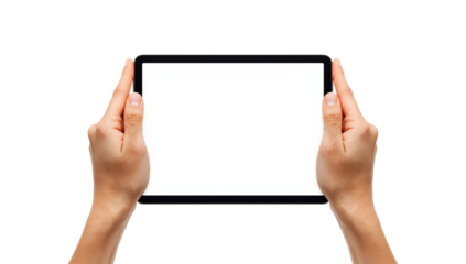 Person holding digital tablet with blank white screen for mockup display presentation