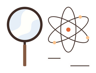 Magnifying glass and atom depiction conveying exploration, science, learning, research, discovery, innovation, and education. Ideal for technology, STEM academic context and a simple flat metaphor