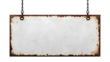 Aged metallic signboard hangs from chains showcasing rusted texture against transparency