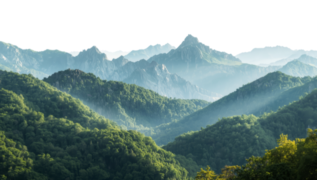 Mist veils a verdant mountain range, an ethereal landscape under a seamless sky transition